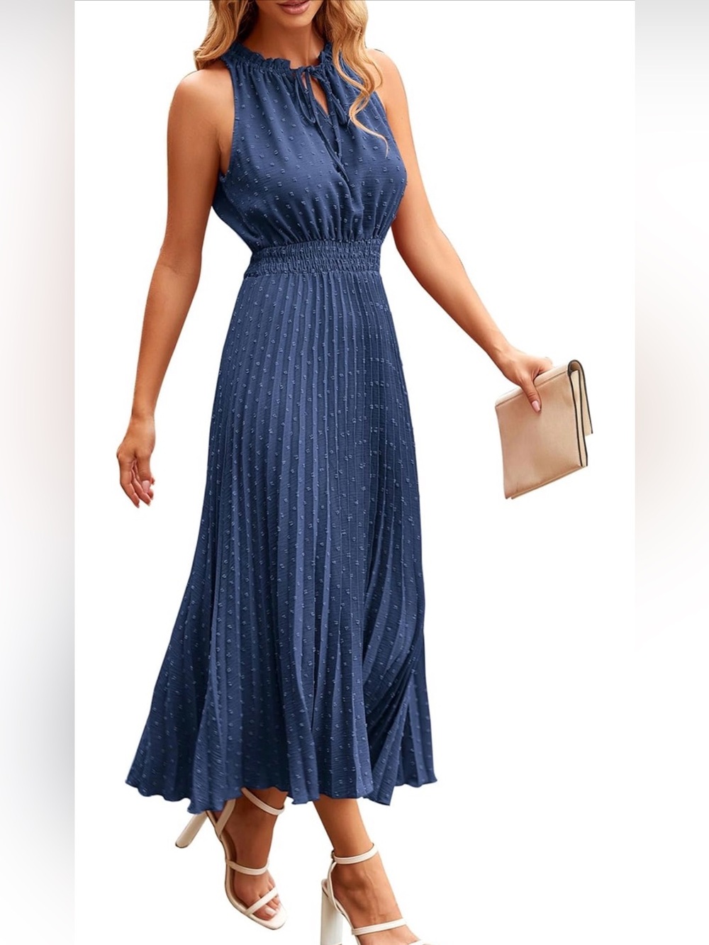 NWT Sleeveless Navy Maxi Dress with Smocked Waist and Tie Neck, Large